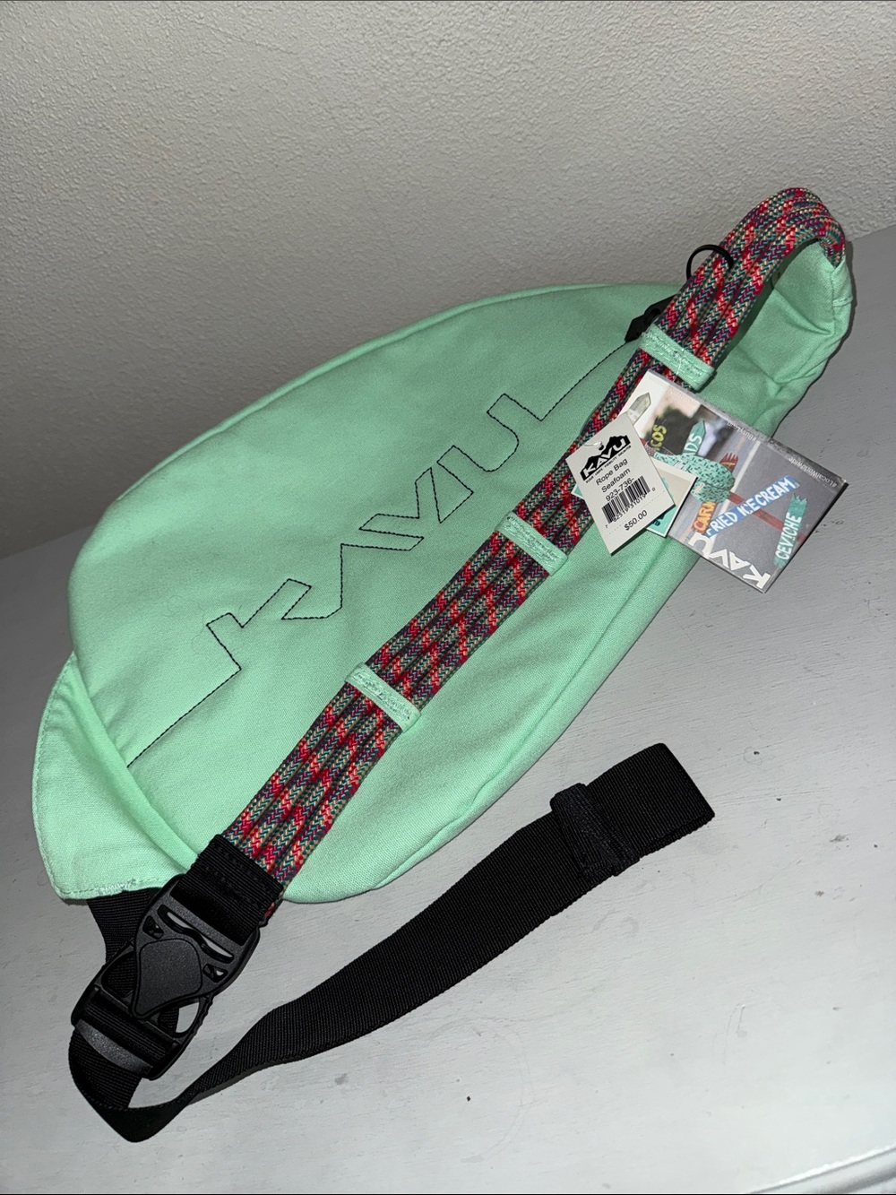 Kavu Mint Green Sling Bag with Multicolor Rope Strap